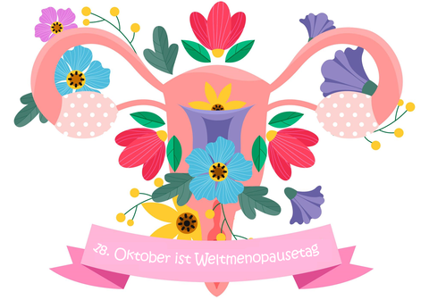 Grafik eines Uterus mit Blumen verziert, darunter ein Banner mit Schriftzug "18. Oktober ist Weltmenopausetag!"