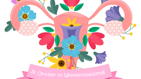 Grafik eines Uterus mit Blumen verziert, darunter ein Banner mit Schriftzug "18. Oktober ist Weltmenopausetag!"