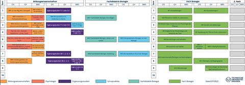 Im Bild werden die Module des Lehramtsstudiengangs Biologie aus den Bildungswissenschaften, dem Fach Biologie für jedes der Fachsemester 1 bis 10 und den drei Schulformen (Gymnasium, Oberschule, Berufsschule) tabellarisch aufgeführt.