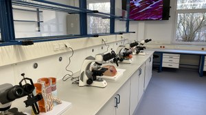 Labor mit Mikroskopen und Leinwand