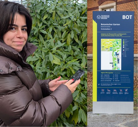 Bild mit junger Frau und Schild aus dem Botanischen Garten