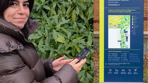 Bild mit junger Frau und Schild aus dem Botanischen Garten