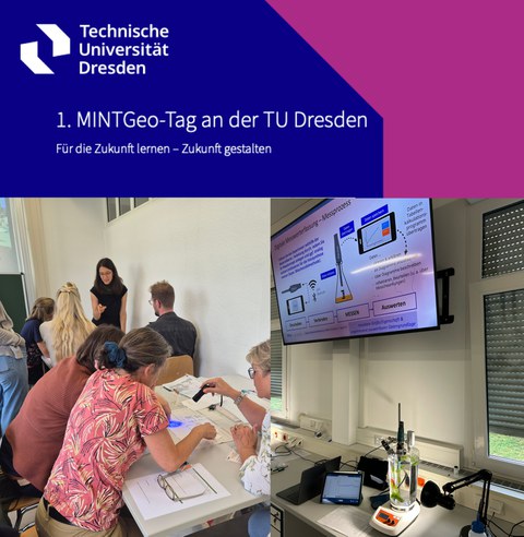Foto dreiteilig, Logo TUD und Titel des Fortbilungstages, Dozentin und Teilnehmer, Bildschirm