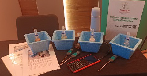 Versuchsaufbau vier blaue Schalen, vier Glasfläschchen, Versuchsanleitungen