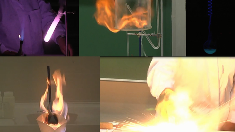Zusammenstellung verschiedener brennender und leuchtender chemischer Experimente