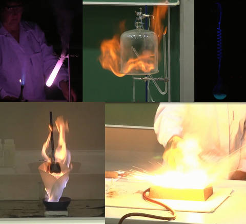 Zusammenstellung verschiedener brennender und leuchtender chemischer Experimente