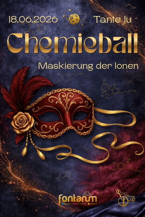 Das Plakat weist die Aufschrift "Chemieball, Maskierung der Ionen, am 18.06.2026 im Tante JU". Zu sehen ist eine Maske im venezianischen Stil.
