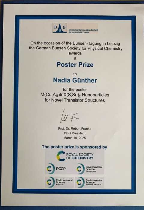 Urkunde für den Posterpreis mit Nennung der Gewinnerin und des Posteritels