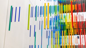 Foto: Kunstinstallation von Roland Fuhrmann mit bunten hängenden Röhren im Chemieneubau