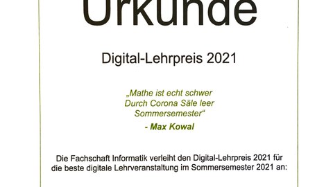 Lehrpreis der Fachschaft  Informatik 2021