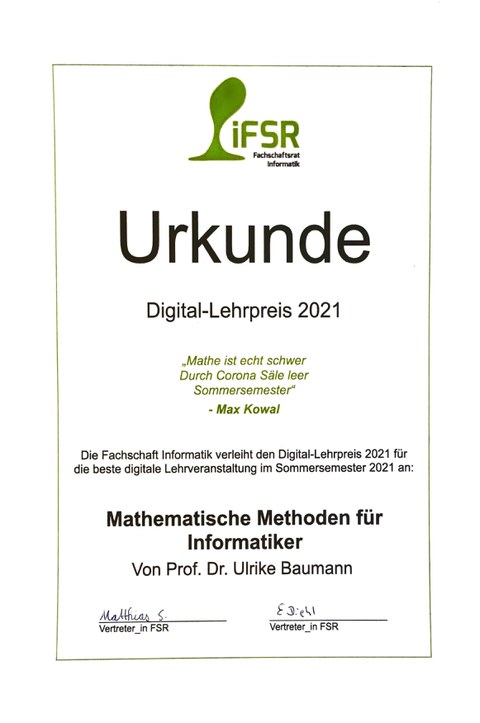 Lehrpreis der Fachschaft  Informatik 2021