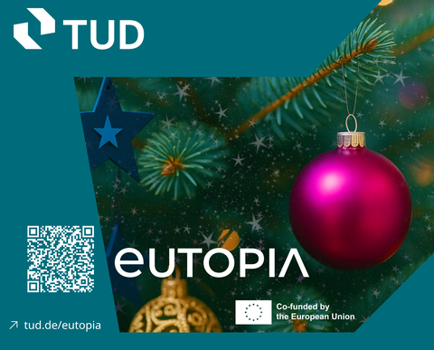 Das Bild zeigt ein Eutopia Logo und ein TU Dresden Logo vor einem Weihnachtsbaum