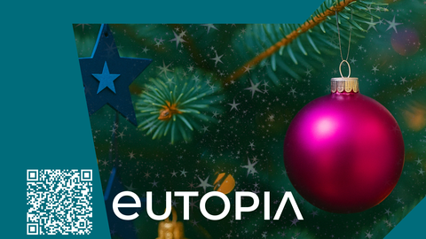 Das Bild zeigt ein Eutopia Logo und ein TU Dresden Logo vor einem Weihnachtsbaum