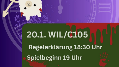 Das Bild zeigt eine Tafel mit blutigen Rändern und der Aufschrift mit Datum und Ort des Spieleabends