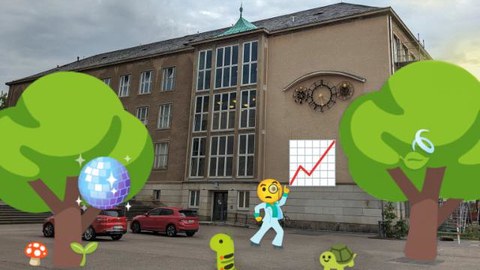 Foto vom Eingang Willersbau A-Flügel, dekoriert mit Emoticons