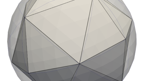 Eine triangulierte Sphäre überlagert mit einer halbtransparenten glatten Sphäre, die ein geometrisches Lifting der Dreiecke repräsentiert.