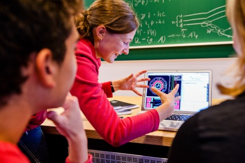 Eine Person erklärt Schüler:innen eine Abbildung eines Teilchendetektors auf einem Laptop. 