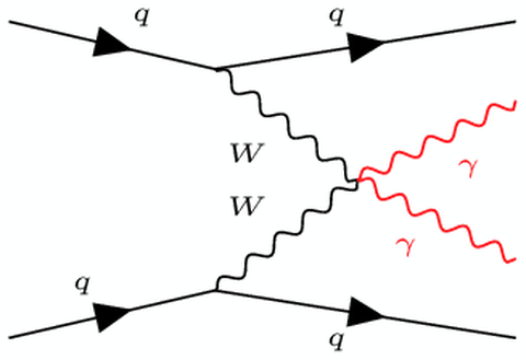 eynman-Diagramm der elektroschwachen Streuung zweier W-Bosonen mit zwei Photonen im Endzustand: Zwei Quarks emittieren jeweils ein W-Boson, die anschließend miteinander wechselwirken und zwei Photonen erzeugen.