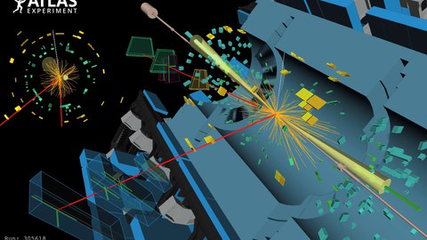Ereignisdarstellung einer Proton-Proton-Kollision im ATLAS-Detektor am CERN mit farbigen Spuren und Signalen