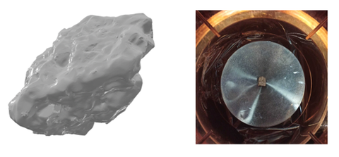 Links: Grauer, unregelmäßig geformter Meteorit mit zerklüfteter Oberfläche. Rechts: Runde Detektorkammer mit zentral montiertem Meteorit.
