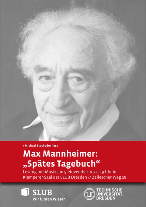 Text: Ihr seid nicht verantwortlich dafür, was geschah, abePortraitbild von Max Mannheimer. Darunter Ort und Zeit der musikalischen Lesung aus den Tagebüchern von Max Mannheimer