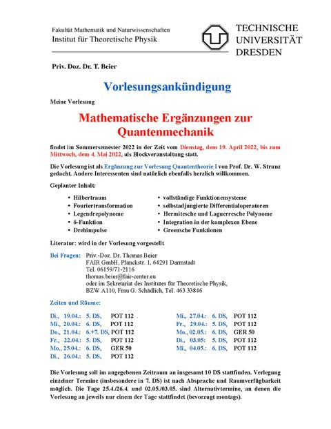 Sommer 2022 Blockkurs Mathematische Ergänzungen zur Quantenmechanik