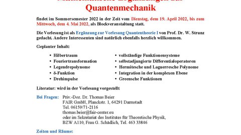 Sommer 2022 Blockkurs Mathematische Ergänzungen zur Quantenmechanik