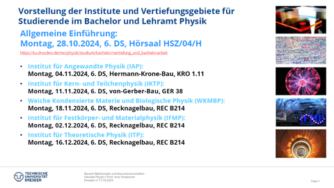 Vorstellung der Institute und Vertiefungsgebiete für Studierende im Bachelor, Master und Lehramt Physik 