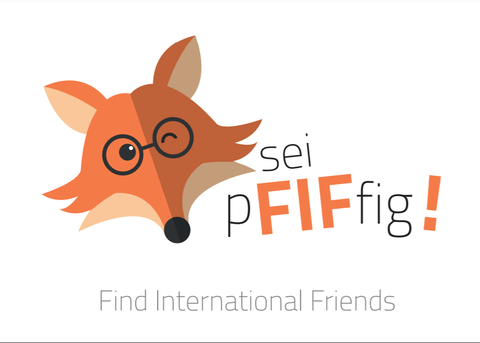 Eine Comic-Zeichnung eines Fuchses und Schrift "Sei pfiffig. Find international friends"