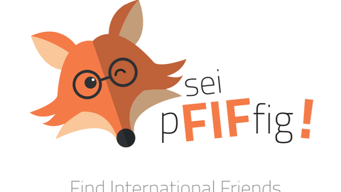Eine Comic-Zeichnung eines Fuchses und Schrift "Sei pfiffig. Find international friends"