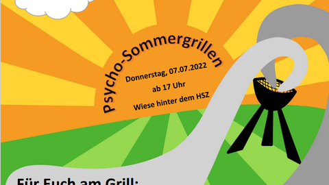 Es ist eine Comic-Zeichnung eines Grills auf einer Wiese zu sehen, im Hintergrund die Sonne. 