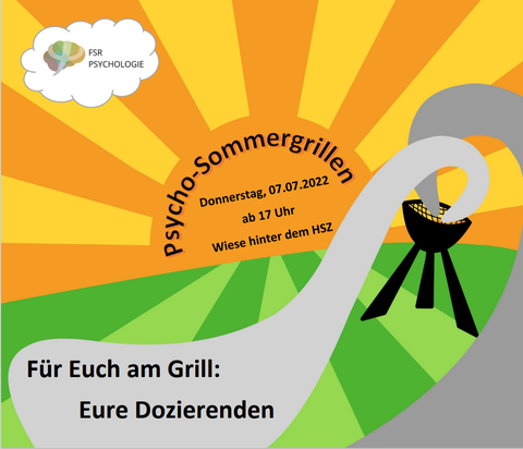 Es ist eine Comic-Zeichnung eines Grills auf einer Wiese zu sehen, im Hintergrund die Sonne. 