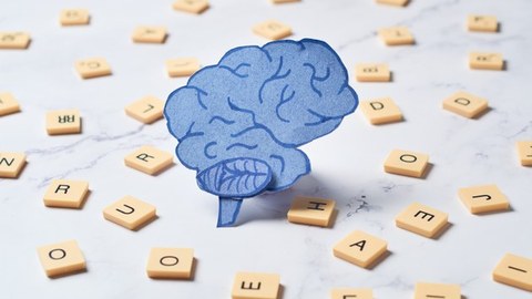 In der Mitte des Bildes ist ein Gehirn aus Papier zu sehen, um welches herum vertreut Buchstaben liegen