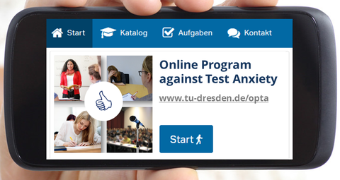 You can see the training platform with a menu, the heading "Online Program against Test Anxiety", pictures of a presentation, an oral and a written exam and a microphone in front of a hall, as well as the button "Start".