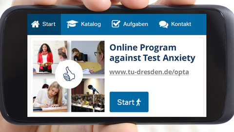 You can see the training platform with a menu, the heading "Online Program against Test Anxiety", pictures of a presentation, an oral and a written exam and a microphone in front of a hall, as well as the button "Start".