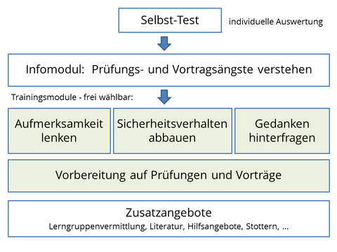 Übersichtsgrafik zum Ablauf und der Module von OPTA. Zunächst der Selbst-Test mit individueller Auswertung, dann das Infomodul, anschließend die freie Wahl aus den Trainingsmodulen. Details zu den Modulen siehe unten im Text.