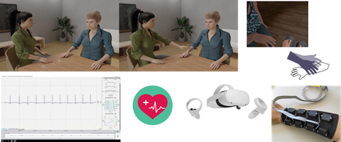Darstellung u.a. von Handberührungen am Arm mittels 3D-Modellen; EKG-Signal; VR-Brille