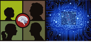Figure of four heads of people of different age groups and a picture of an activated brain 