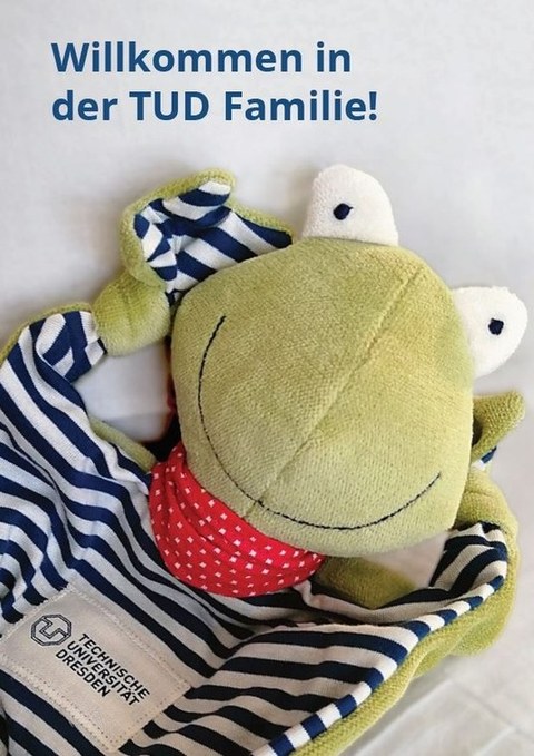The photo shows a plush frog with the caption "Welcome to the TUD Family!".