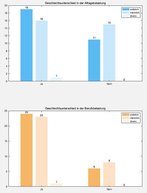 Zwei Balkendiagramme zu den Geschlechterunterschieden in Alltags- und Berufsbelastung