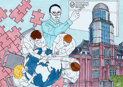 Im Hintergrund sind Puzzleteile und ein Gebäude der TU Dresden. Ein Mann zeigt auf das TU-Logo. Im Vordergrund sitzen 4 Menschen um eine Weltkugel.