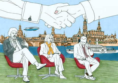 Im Hintergrund Silhouette der Altstadt Dresden mit Elbe. Im Vordergrund sitzen 2 Männer und eine Frau in Diskussionshaltung. Darüber sind 2 Hände im Handschlagmodus.