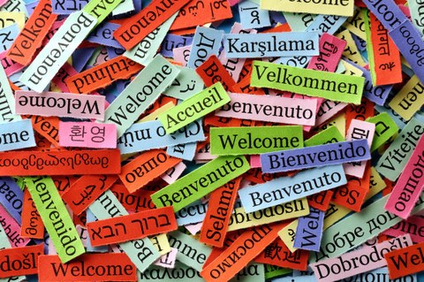 Das Foto zeigt viele kleine bunte Papierzettel. Auf ihnen steht das Wort "Willkommen" in verschiedenen Sprachen.