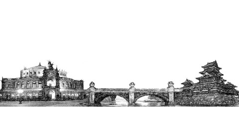 Eine Brücke verbindet die Semperoper in Dresden mit einem japanischen Schloss.