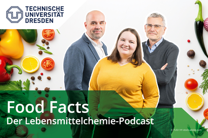 Cover zum Podcast Food Facts mit Logo der TU Dresden, Gemüse im Hintergrund und den drei Protagonist_innen im Vordergrund.