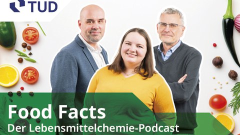 Cover zum Podcast Food Facts mit Logo der TU Dresden, Gemüse im Hintergrund und den drei Protagonist_innen im Vordergrund.