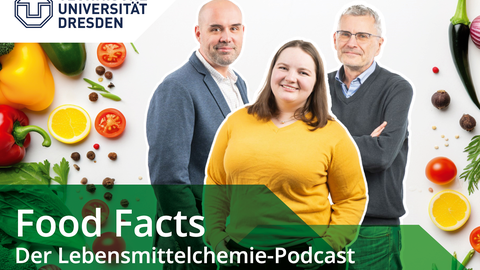 Cover zum Podcast Food Facts mit Logo der TU Dresden, Gemüse im Hintergrund und den drei Protagonist_innen im Vordergrund.