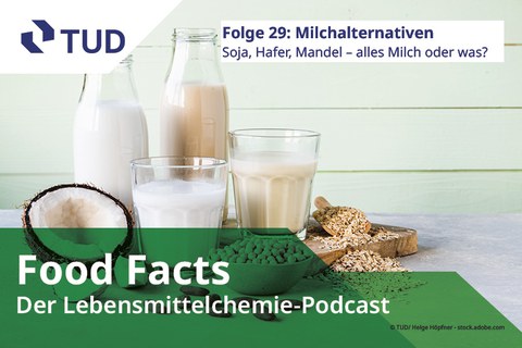 Zwei Gläser mit einer weißlichen Flüssigkeit, daneben Hafer, eine Kokusnuss und Erbsen. 
