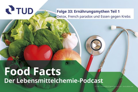 Ein Teller mit Obst und Gemüse, in der Mitte ein Herz und daneben ein Stethoskop. 