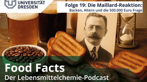 Eine Übersicht verschieder Lebensmittel bei denen die Maillard-Reaktion eine Rolle spielt sowie ein Bild von Louis Camille Maillard.